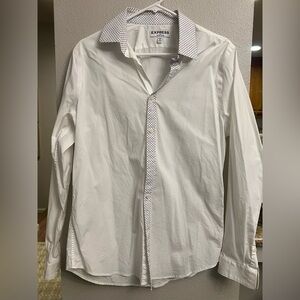Express White Dress Shirt with Navy Geometric Trim